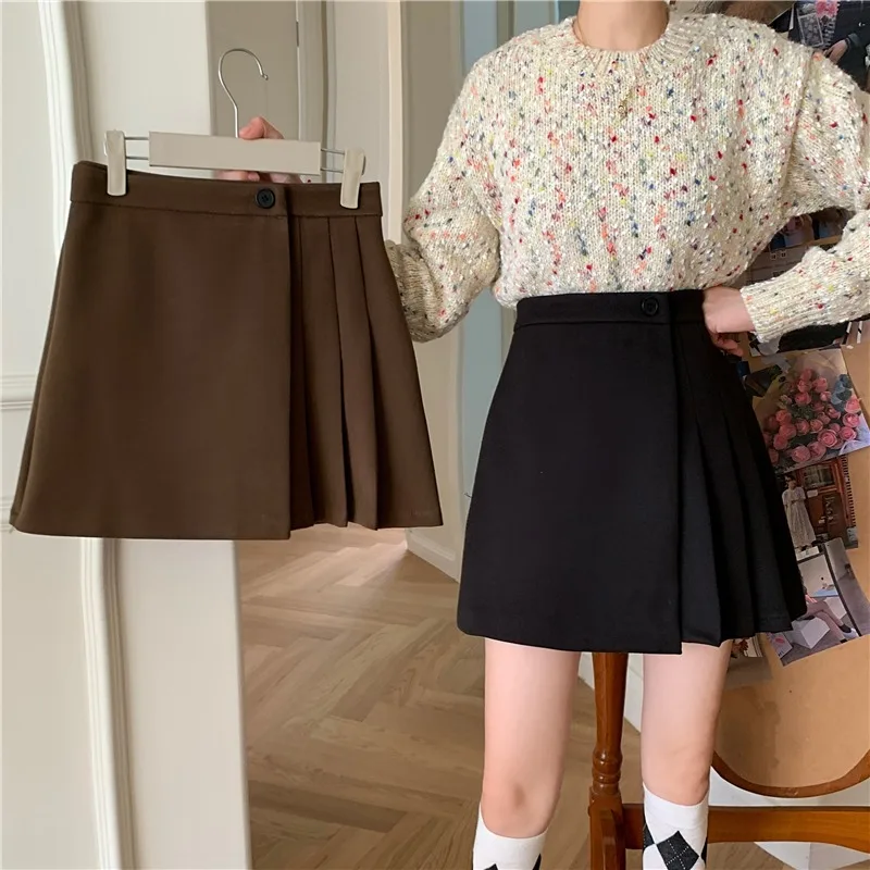 

Зимняя однотонная универсальная трапециевидная юбка с высокой талией, короткая юбка-тонкая шерстяная плиссированная юбка