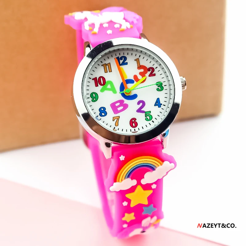 

Часы Детские кварцевые с буквами ABC, Мультяшные 3d-часы для девочек, милый Радужный циферблат, Розовый силиконовый ремешок, подарок, детские ч...