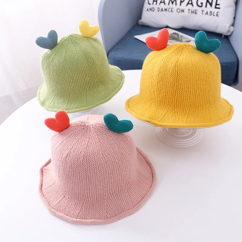 

1-3T Kids Bucket Hat For Boys Girls Autumn Winter Warm Knitted Hats and Caps Love Heart Children Baby Fisherman Cap Newest 2020