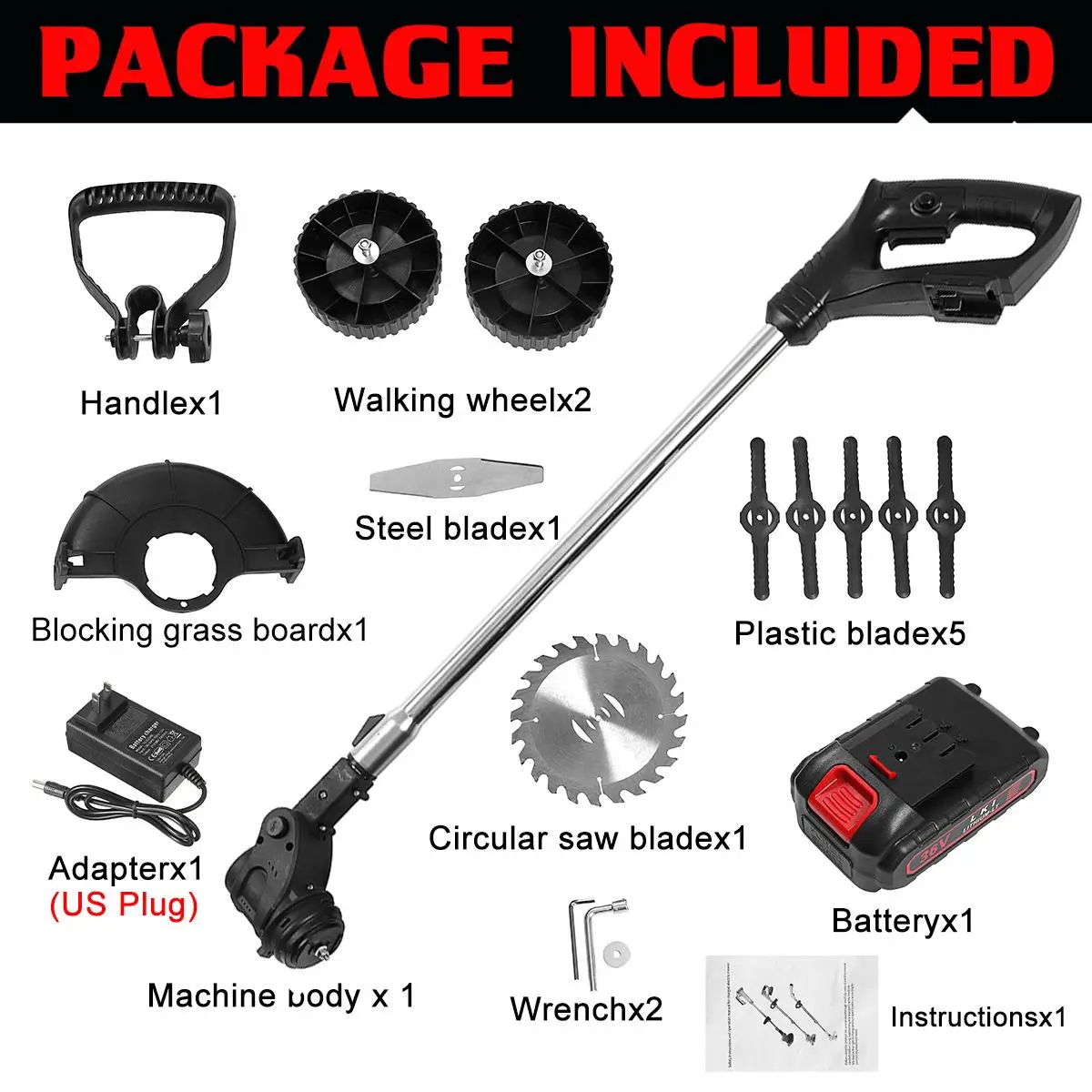 

1800W 36V Cordless Electric Grass Trimmer Lawn Mower Weeds Brush Length Adjustable Cutter Garden Tools Wiht Li-Ion Battery