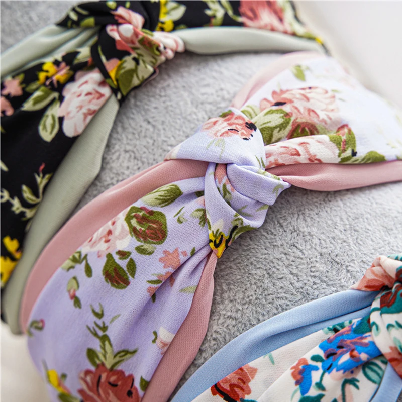 

Printed Knotted Hair Hoop Foral Cross Bowknot Head Hoop Fashion Wide Folds Headband Double Layers Floral Hair Hoop Headwear