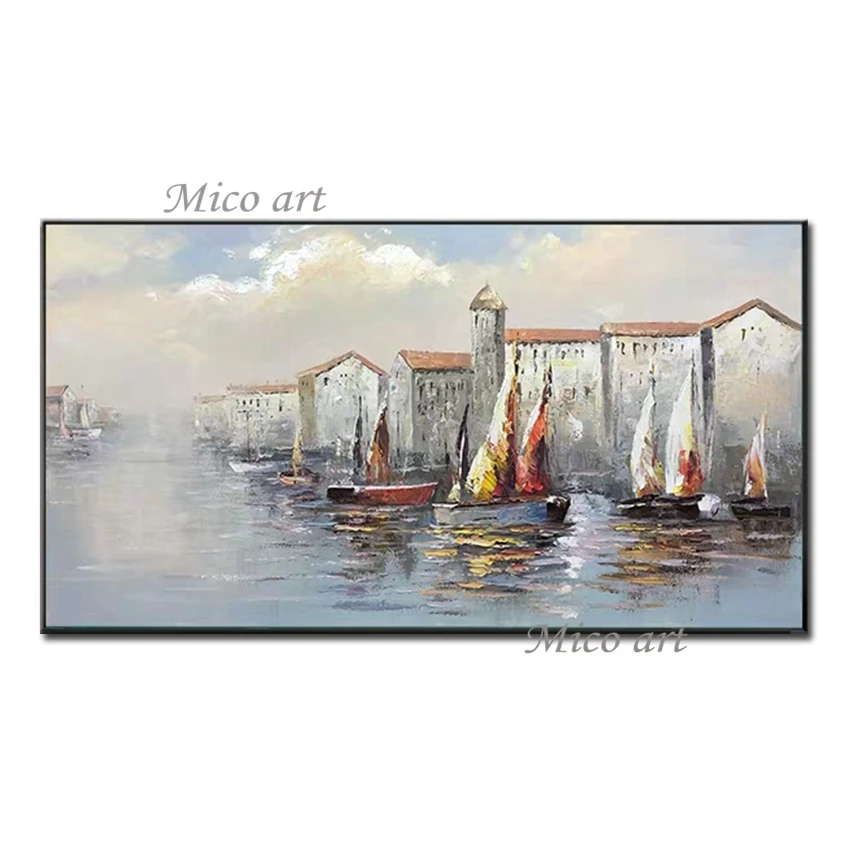 

Hand Drawn Seaside Sailing Boat Oil Painting Pictures Art Wall Decor Abstract Paintings Canvas Large Unframed Artwork Hot Sell