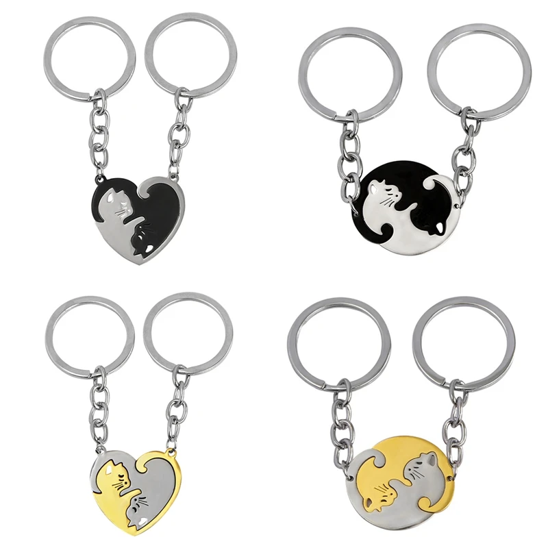 

2Pcs/Set His Hers Matching Puzzle Yin Yang Cat Couples Keychains Stainless Steel Heart Key Ring BFF Couple Key Chain Jewelry