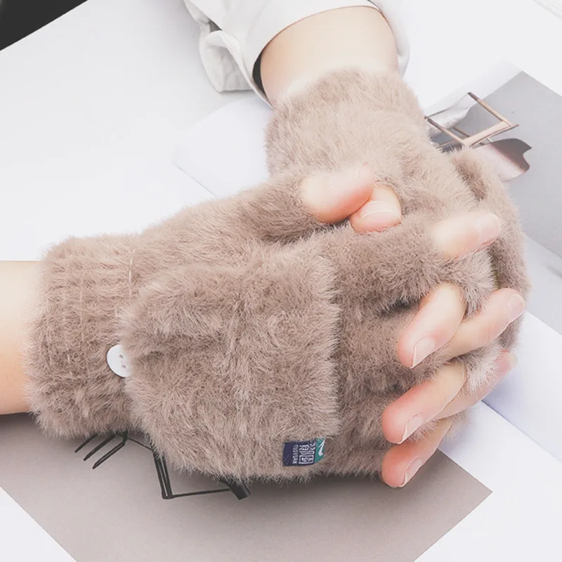 

Outdoor Gloves Thickened To Prevent Cold Student Open Fingered Flip Gloves Keep Warm In Winter Female Plush Gloves