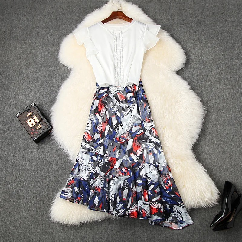 

Spring Summer Casual Fashion Suit Sets Womens Tops and Blouses+print Ruffle Irregular Skirt 2 Piece Set