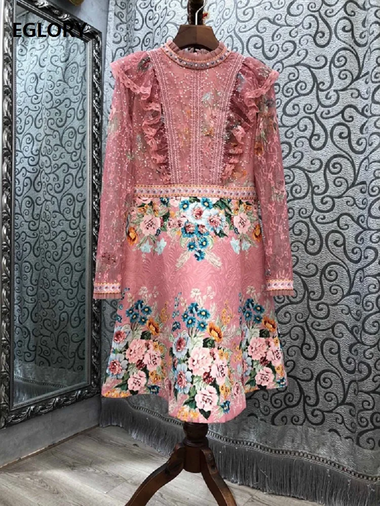 

New Arrival Autumn Winter Dress High Quality Designer Women Vintage Jacquard Print Sexy Ruffle Lace Beading Pink Green Dress XL