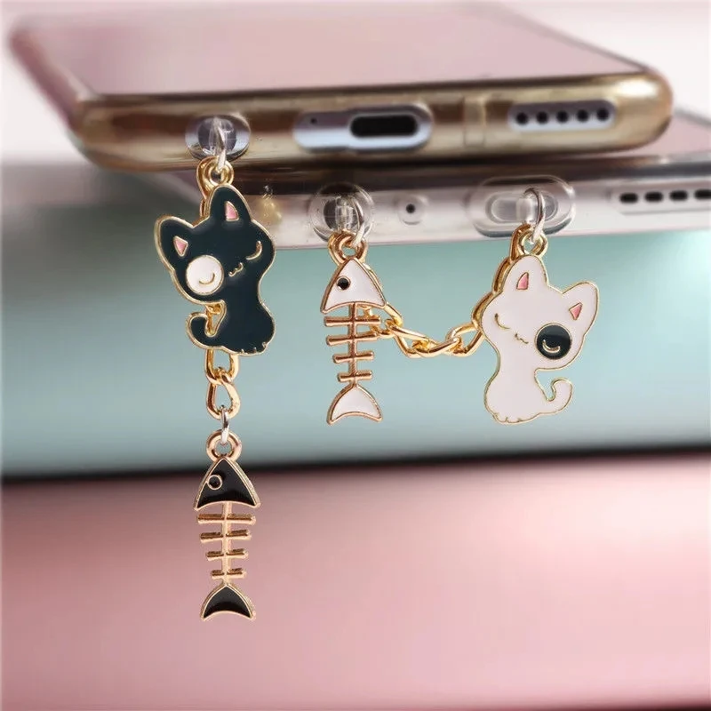 Black White Cat Dust Plug Charm Kawaii 3.5MM Jack Anti Dust Cap USB C Dust Protection Cute Charging Port For iPhone Pendant