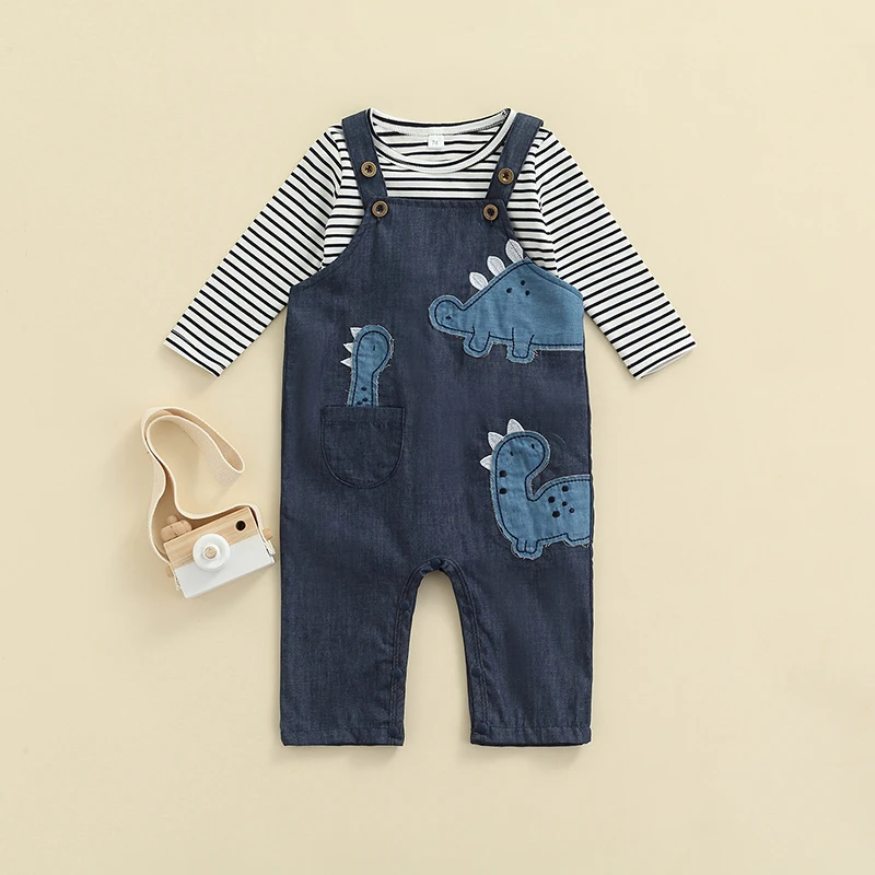 

0-18 Months Striped Full Sleeve Baby Boy\u2019s Two Piece Suit Fashion Stripe Long Sleeve T-shirt and Dinosaur Suspender Pants