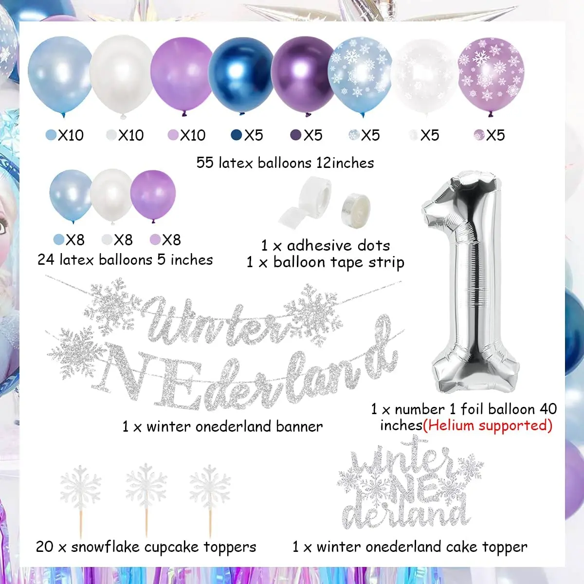 Decoraciones para fiesta de primer cumplea&ntilde;os para ni&ntilde;a, conjunto de guirnalda de globos de invierno, para pastel pancarta de copo de nieve, adorno n&uacute;mero 1, globo de aluminio-1