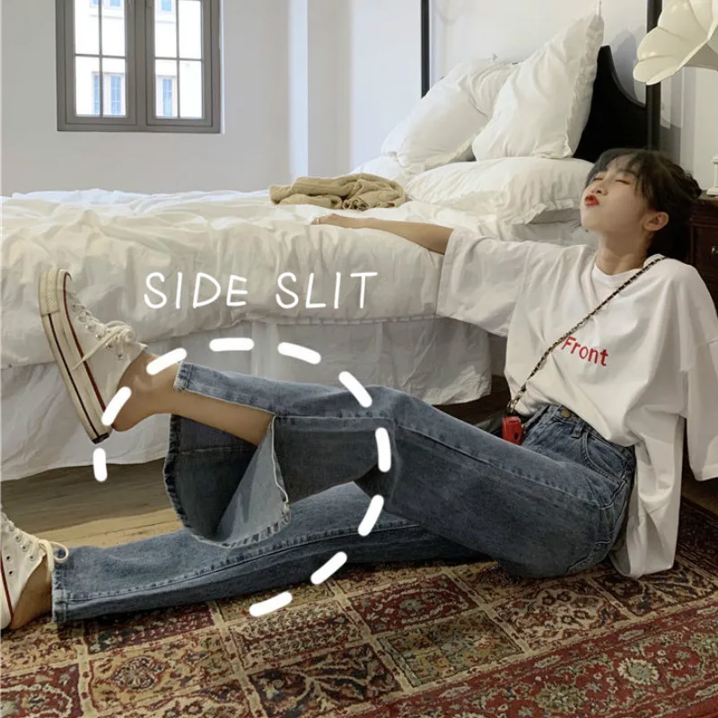 

Jeans Women Spring Denim Long High-waist Wide-leg Side-slit Womens All-match Washed Vintage Chic Slim Leisure Students Ulzzang