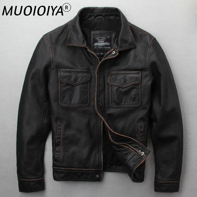 

New Male Black/Brown Edging Cow Motorcycle Jacket Simple Casual Thick Cowskin Riding Jackets Winter Coats