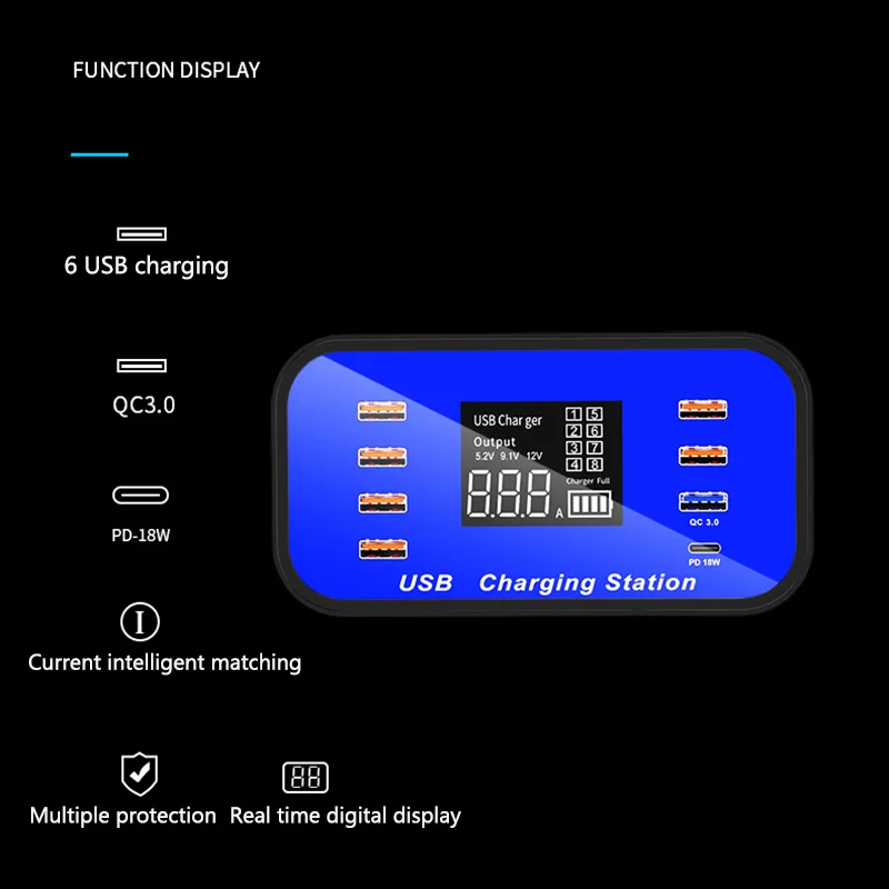 

40w 8-Port Usb Charger QC3.0 PD Type-c Fast Charging Phone Tablet Desktop Charging Station HUB with LCD Display for iPhone 7 8 X