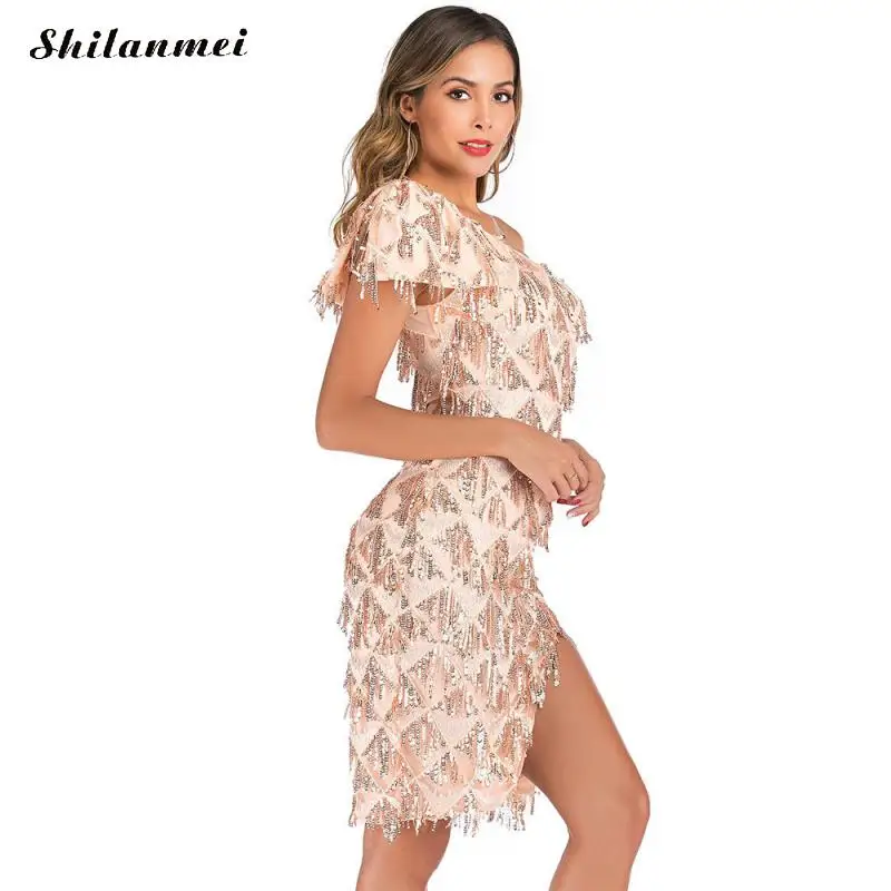 

Short Sequin Evening Party Dress Women One Shoulder Bling Christmas Mini Dress High Slit Vintage Tassel Dresses Sexy Vestidos