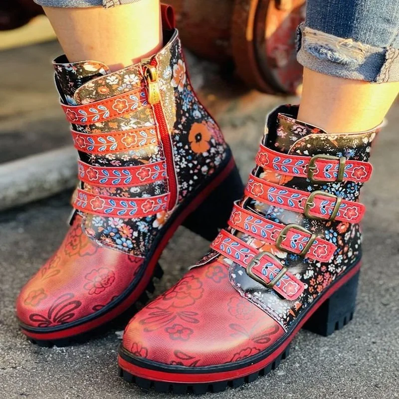 

2021 retro color ethnic style fashion large size women's boots round toe thick-soled waterproof platform comfortable women shoes