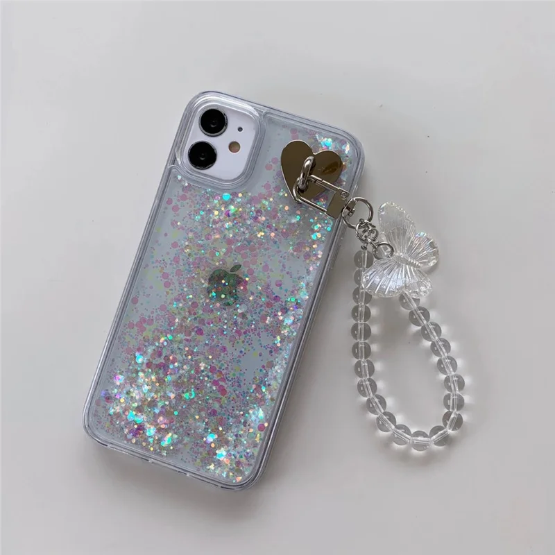 

Pearl bracelet phone case for iphone 12 pro max cases 13 girls iphone 11 7 8 Plus xr xs cute butterfly pendant quicksand cover