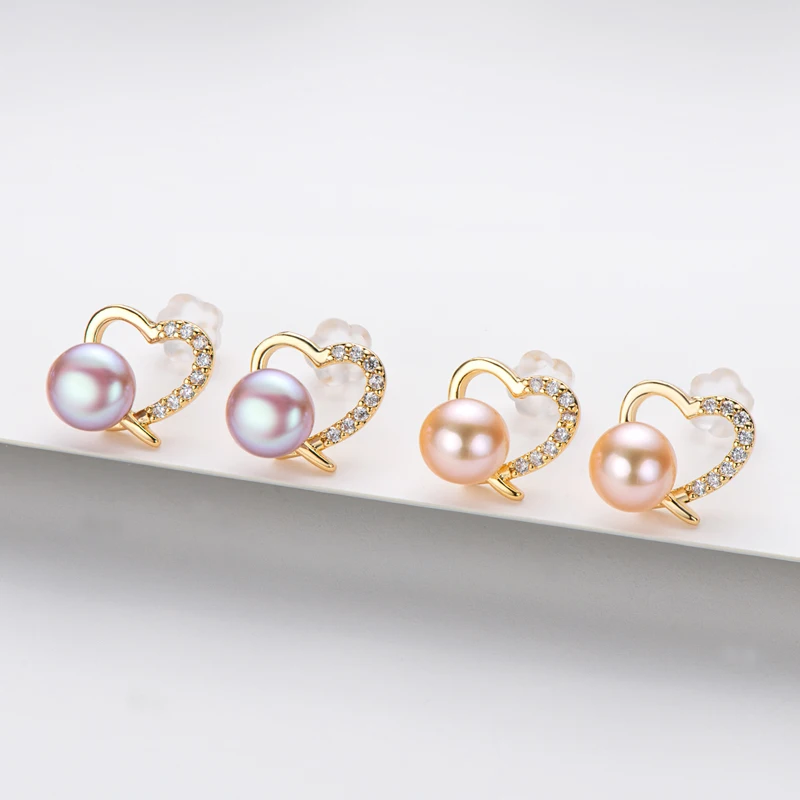 

Lnngy 14K Gold Filled Earrings 6-6.5mm Natural Freshwater Pearl Heart Stud Earrings Women Wedding Party Fine Jewelry Earrings