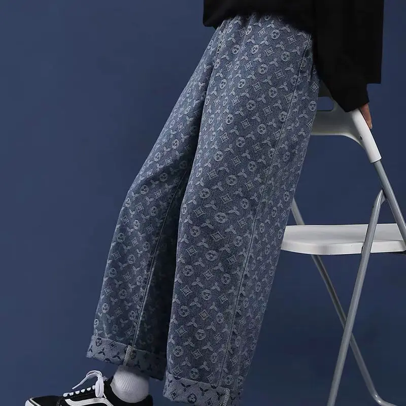 Джинсы мужские жаккардовые с широкими штанинами винтажные прямые брюки-багги