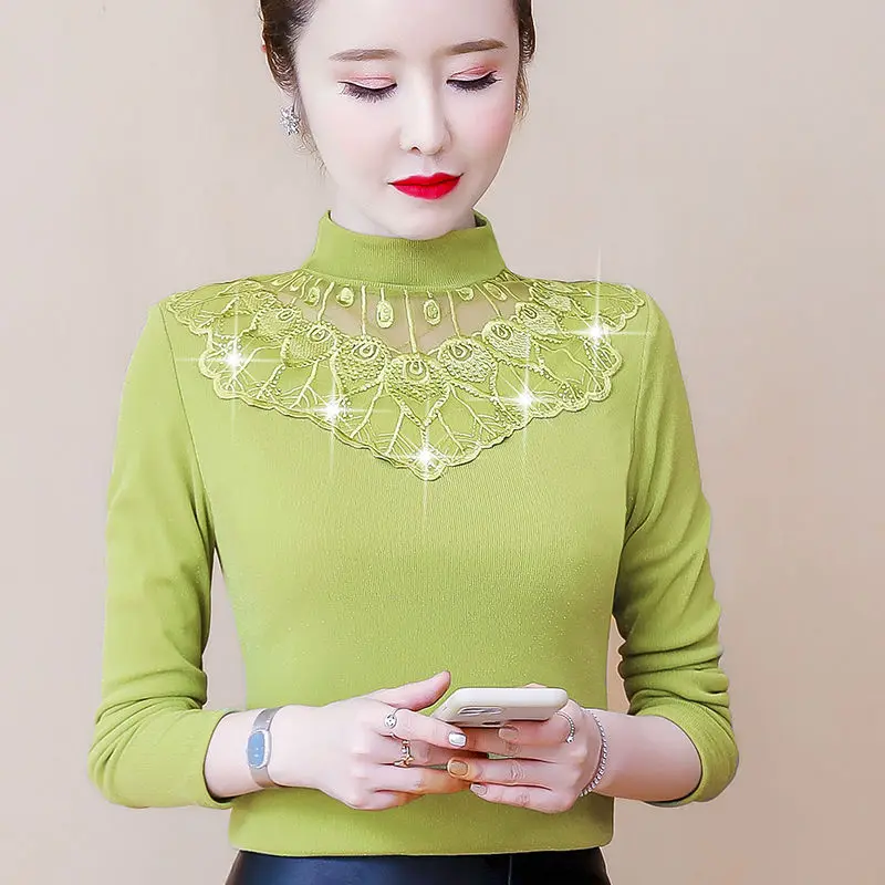 

Blouse Women Women's Long-Sleeved Autumn and Winter Mesh Shirts Thickened Lace Blusas Ropa De Mujer