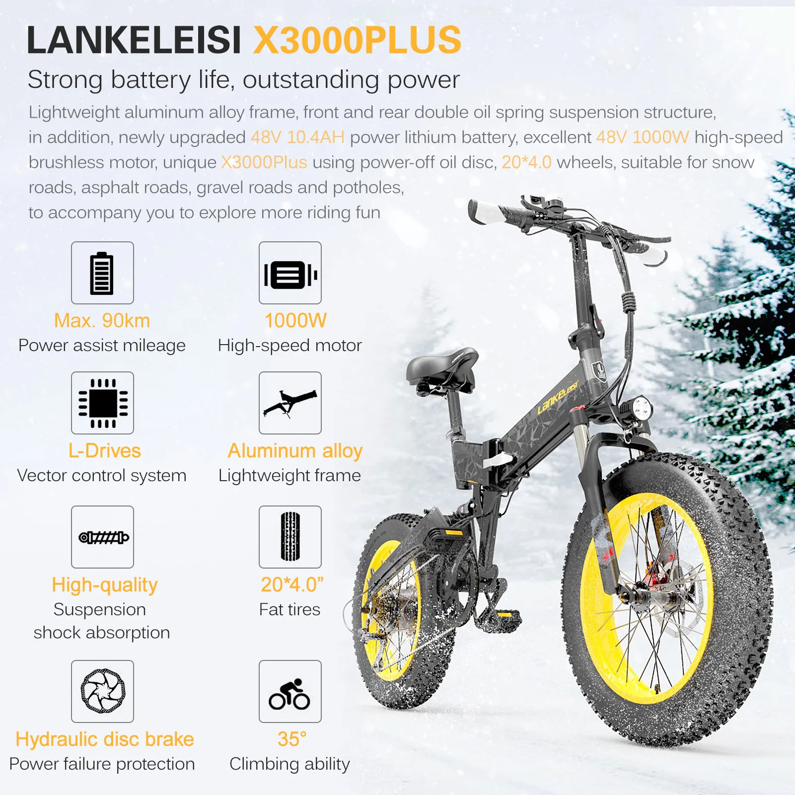 Kaufen Elektrische Bike 1000W 20 Inch Folding Power Unterstützen Sport Elektro-fahrrad E-Bike 4,0 Zoll Fett Reifen 10,4 AH Batterie 90km Reichweite