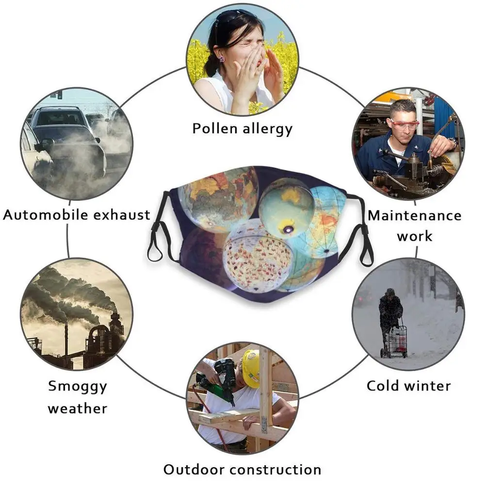 

Globes Reusable Mouth Face Mask Anti Haze Dustproof Mask With Filters For Child Adult Globes World Map Globe Earth Planet