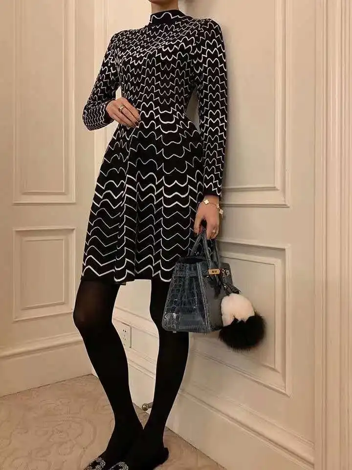 Женское вязаное платье-свитер с длинным рукавом Повседневное платье-пуловер