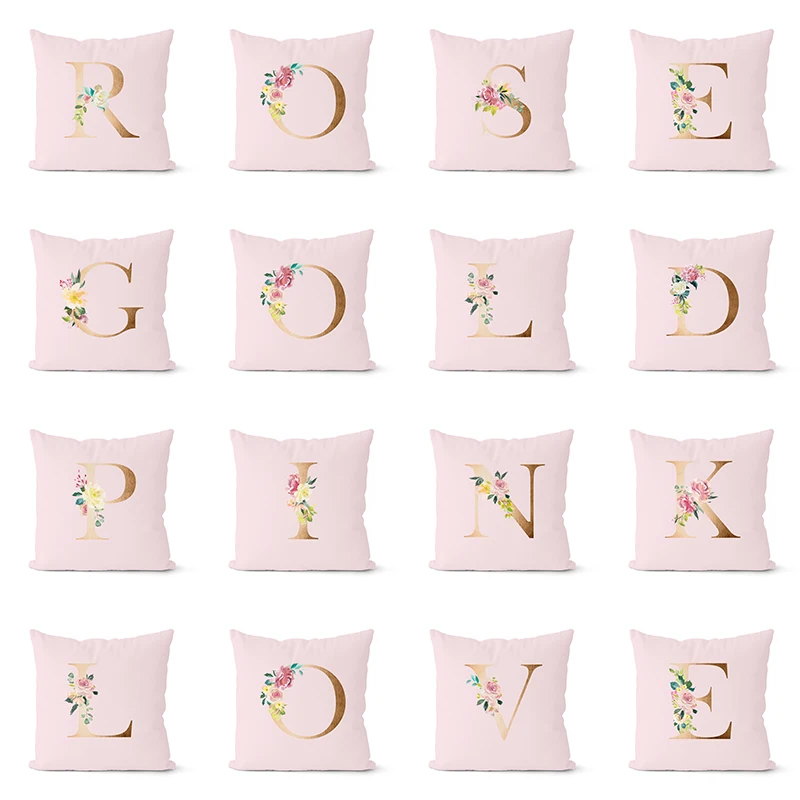 Розовый розовый пледы Подушка Чехол 26 английская Золотая буква наволочки для