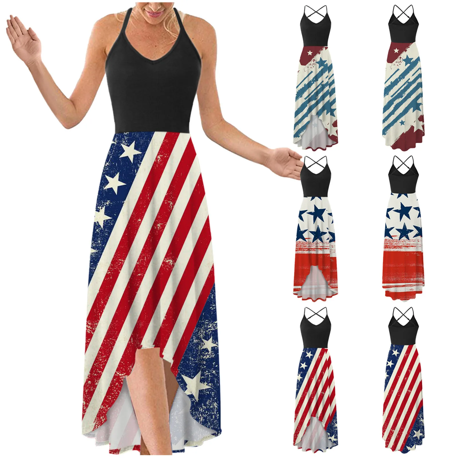 

2021 Women's Fashion Independence Day Printed V-neck Sling Irregular Hem Sling Maxi Dress Femininas Ropa Mujer