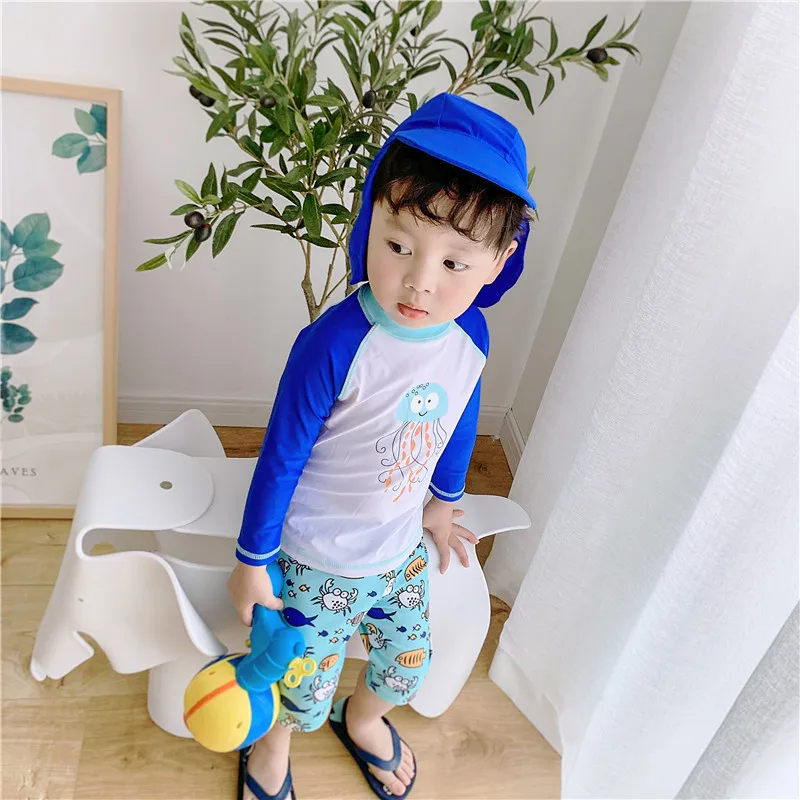 Swimsuit Boy Long sleeve Children Swimming Suit 3 Pieces Scaleph print Sun Protection UV Toddler Baby Bathing Clothes for Boys