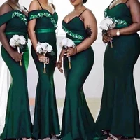 sexy 2021 green mermaid long bridesmaid dresses appliques spaghetti straps sweetheart ribbon black girls gowns for wedding party