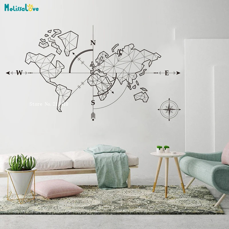 

Large World Map Compass Earth Wall Sticker Office Classroom Travel Global Exploration Adventure Decals Vinyl Art Décor YT2189