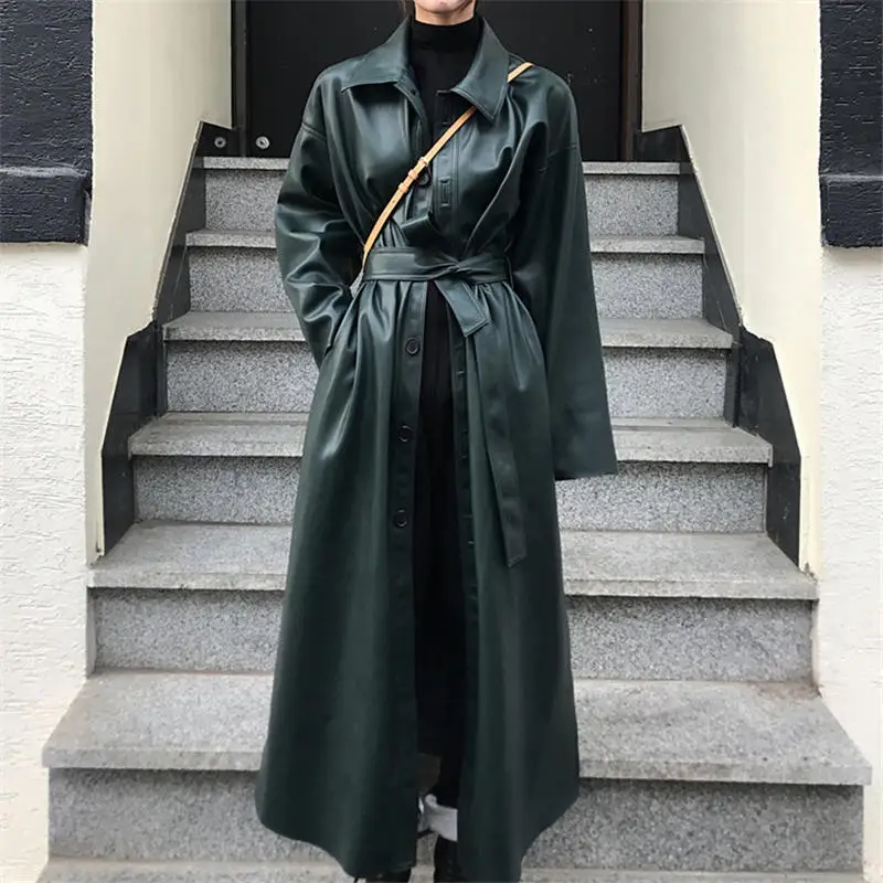 Dark green Leather Длинное женское пальто из искусственной кожи, элегантное свободное весеннее и осеннее кожаное пальто-ветровка, женская одежда, Chaqueta Mujer Q2010 - Цвет: Dark green Leather