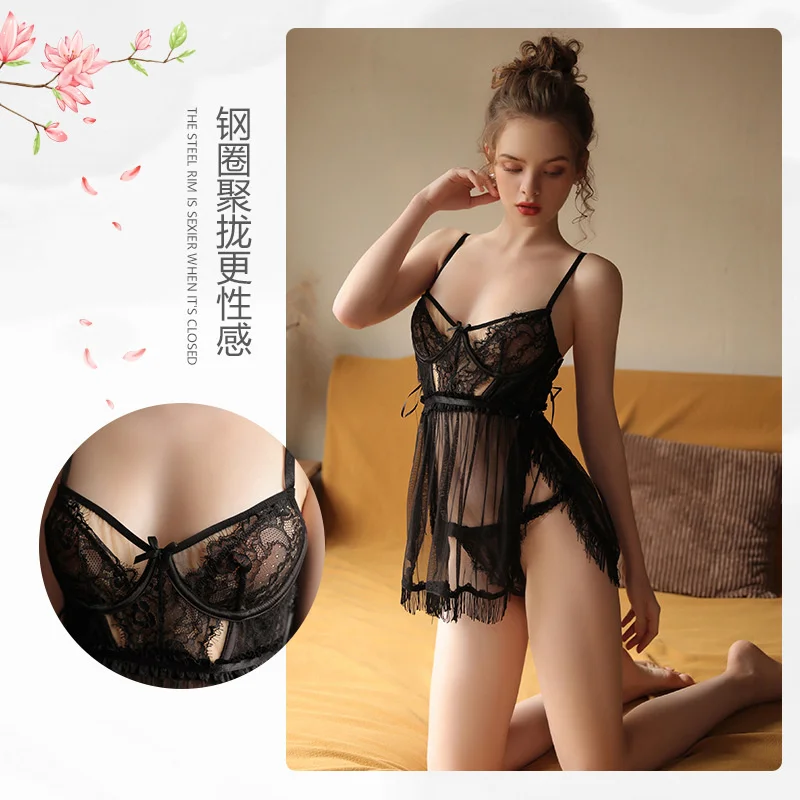 

Guiruo brand underwear sexy gauze perspective temptation deep V fork tassel sling nightdress set 1067