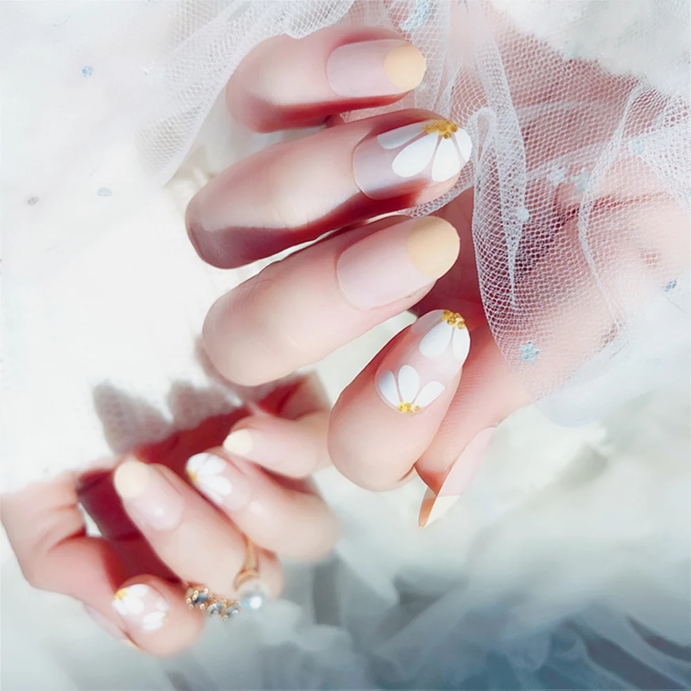 

24 pcs Pink White Flower Fake Press On Nails Long Full Cover False Nails With Designs Fashion Artificial Nail With Glue Stickers