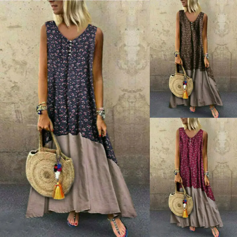 Платье женское длинное в стиле ретро хлопково-льняное свободное Макси-платье