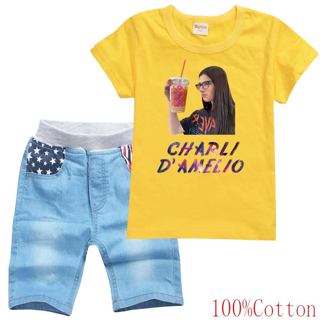 

Kids Charli DAmelio Clothes Teenagers Boys Short Sleeve O- Neck Pullover T-Shirts Denim Pants 2pcs Sets Girls Boutique Outfits