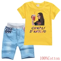 kids charli damelio clothes teenagers boys short sleeve o neck pullover t shirts denim pants 2pcs sets girls boutique outfits