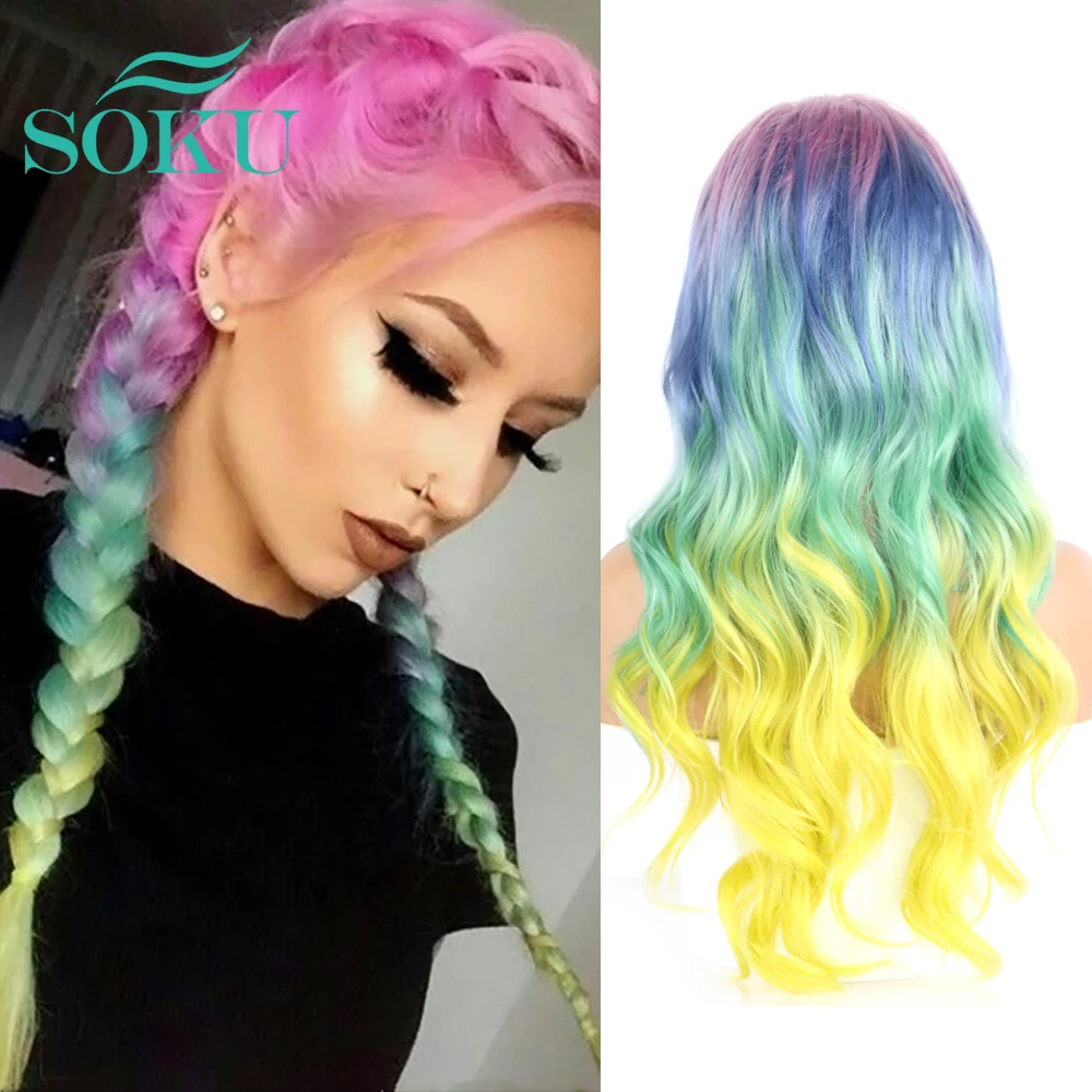 Cosplay Wig Halloween Long Body Wave Colorful Synthetic Lace Front Wigs For Black Women SOKU Omber Rainbow Heat Resistant Fiber