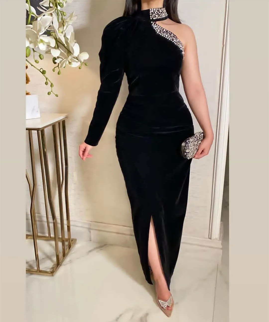 

Женское вечернее платье в стиле ретро, длинное черное платье в мусульманском стиле, бархатное платье в пол с юбкой-годе, молнией на спине и р...