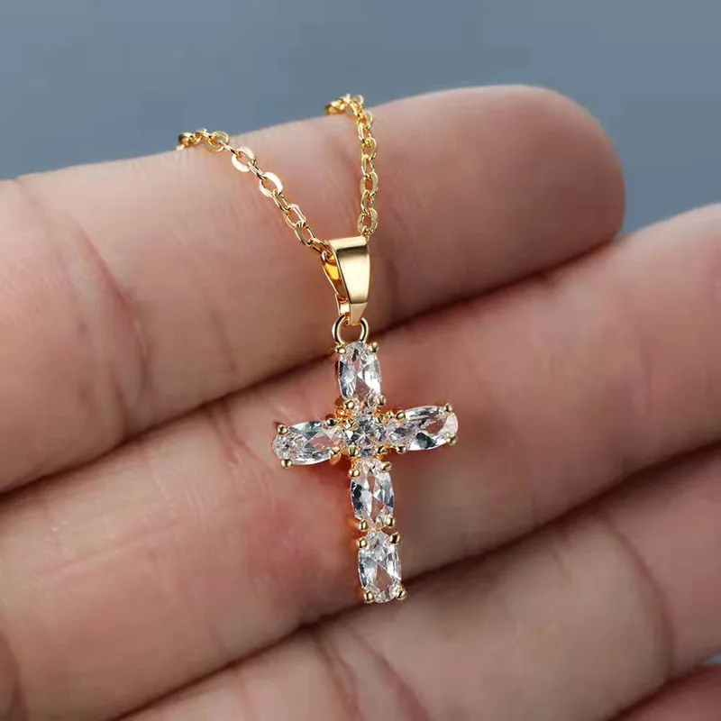 

2022 Trendy 14K Gold Necklace For Women Inlaid Zircon Cross Pendant Anniversary Jewelry Gift Accessories Collares Para Mujer