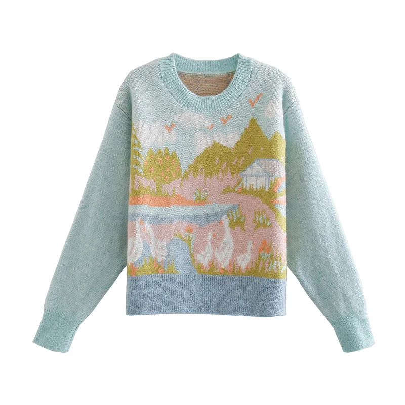 

Women's Knit Sweater Sweater 2021 Spring and Autumn New Features Farm Print Long Sleeve Fashion All-match Elegant Women's Top