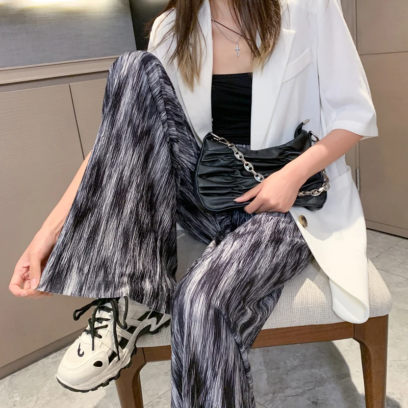

Elastic Waist Pleated Wide Leg Pants Thin Loose Straight Trouser Women Spring Summer Casual Drape Long Pants Female Streetwear