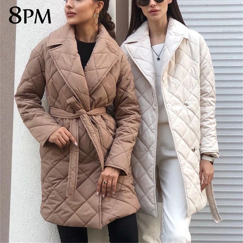 

Women Rhombus Printed Winter Parka Trend Long Straight Coat Female High Street Tailored Collar Stylish Overcoat ouc1337