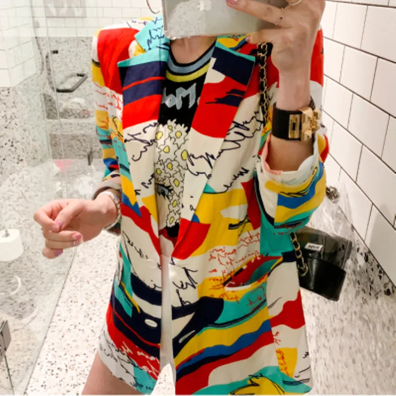2023 New Spring Thin Coat Women Elegant OL Business Office Clothes Fashion Colorful Block Print Long Sleeves Slim Coat Outwear