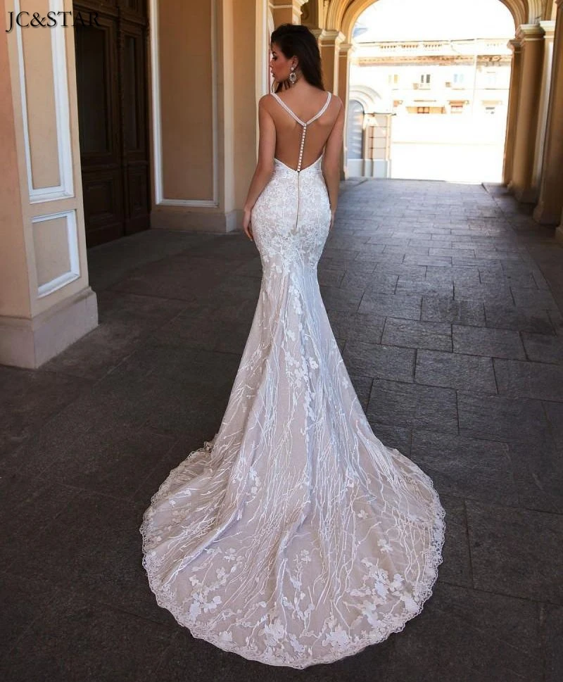 Свадебное платье-Русалка с кружевными рукавами-шапками пикантное роскошное