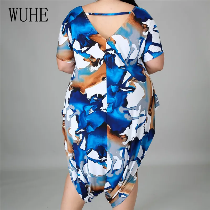 

WUHE Plus Size L-4XL Jumpsuits Colorful Print Loose Short Sleeve O Neck Hollow Out Backless Casual Streetwear Calf Length Pants