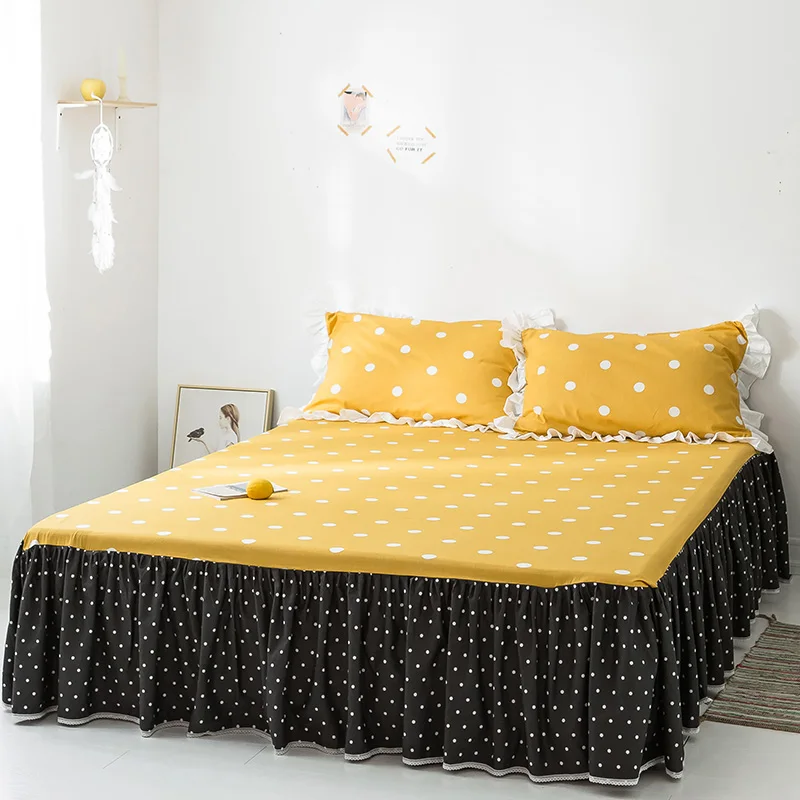 

Yellow black Princess Bedding Set King Queen twin Luxury 4pcs Ruffles Quilt Cover Set 100% Cotton Bedspread Bed Skirt Pillowcase