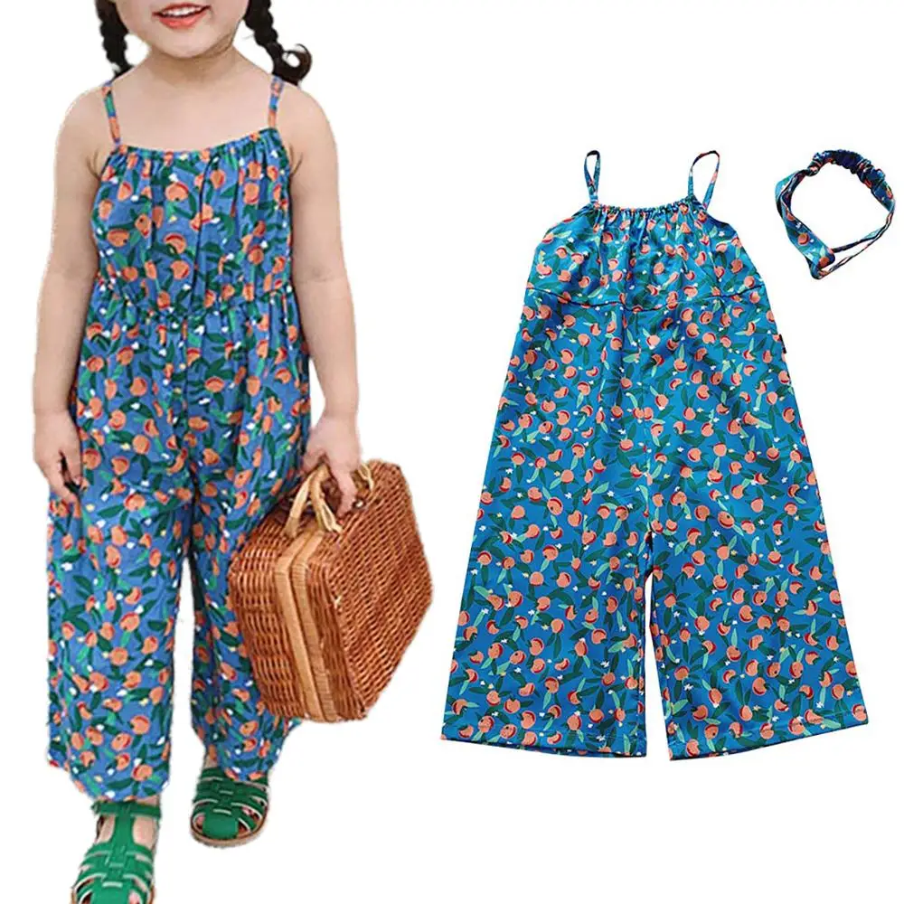 

Детские комбинезоны на лямках для девочек с повязкой на голову, детские летние пляжные комбинезоны с цветочным принтом