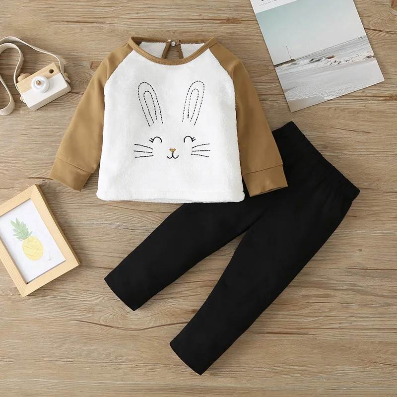 

2021 Winter Children Sets Casual Long Sleeve O Neck Print Rabbit T-shirt Black Pants Casual Cute 2Pcs Girls Clothes Sets