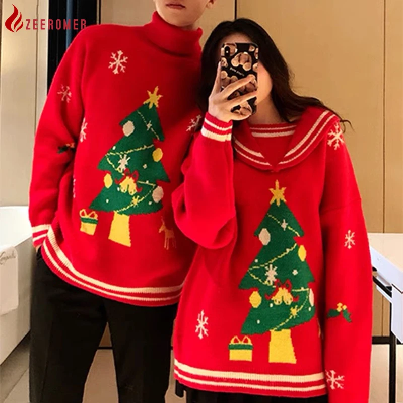 

2022Autumn Winter New Couple Christmas Sweater Men Women Loose Turtleneck Cute Christmas cartoon Jacquard Knitted Pullover Tops