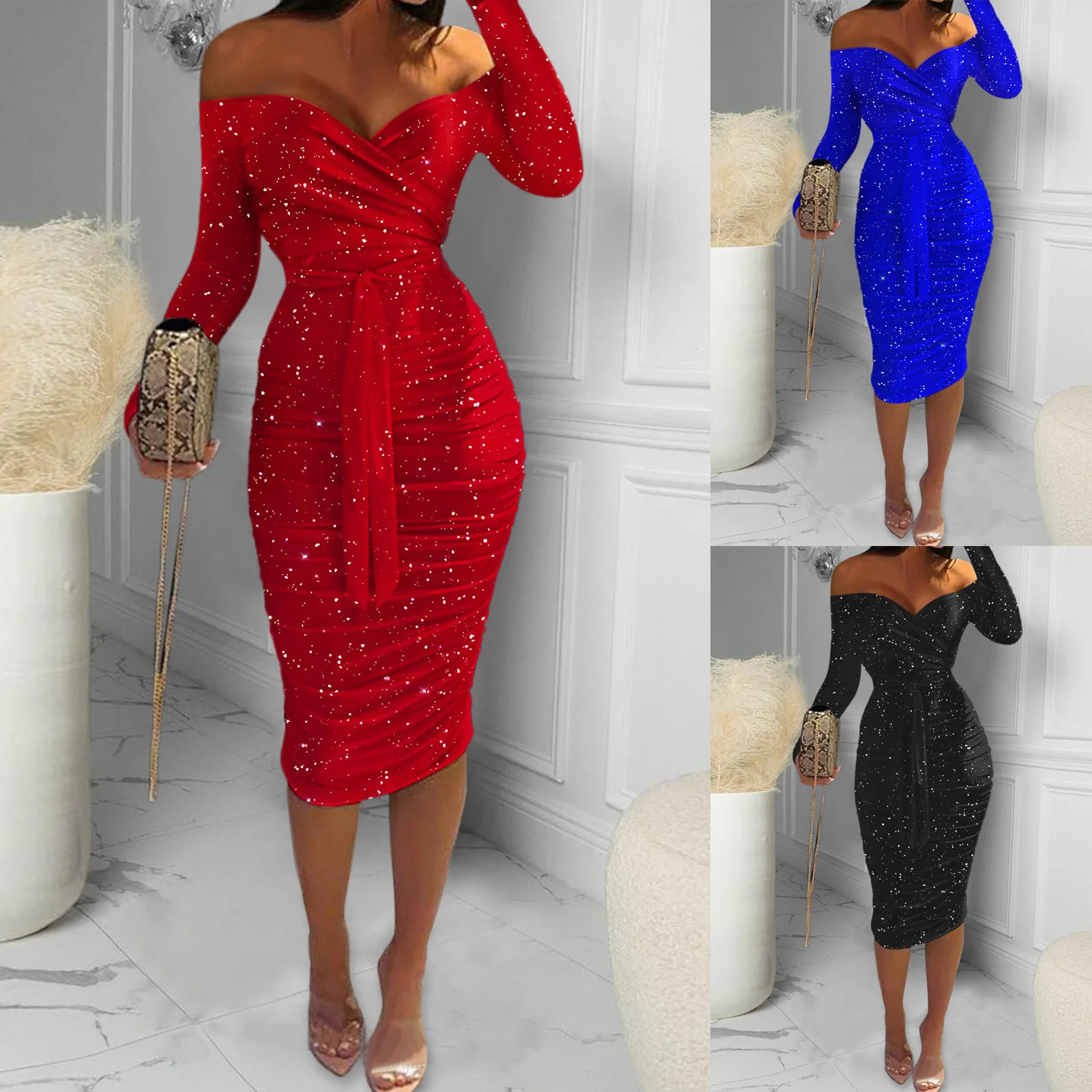 

2022 Fall Winter Bling Glitter Women Long Sleeve Off Shoulder Ruched Mid Dress Solid Bodycon Party Elegant Club